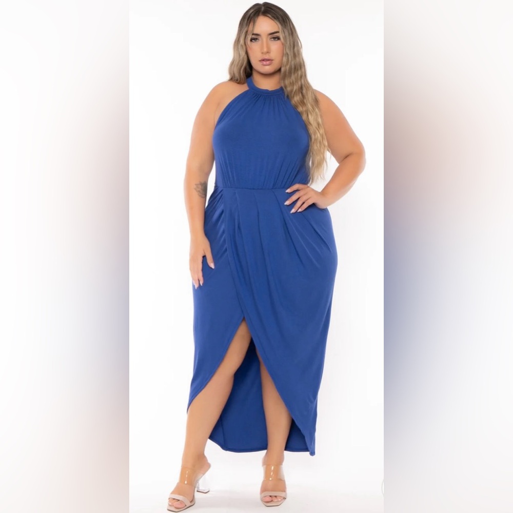 Curvy Sense PLUS SIZE ARNETTA HALTER NECK DRESS - ROYAL BLUE